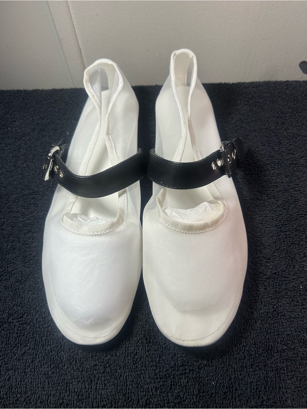 White Mary Jane Flats with Black Buckle Strap